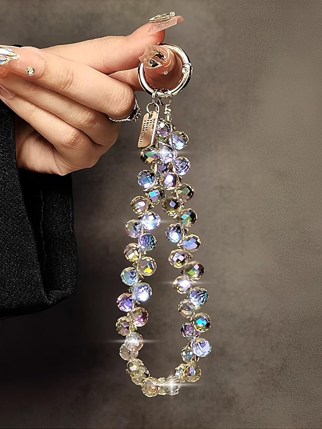 Crystal Phone Wrist Strap Phone Charm Chain Keychain Beaded Cellphone Lanyard with Tether Tab Hands-Free Wristlet Bracelet Wrist Grip Strap for Women, D-Light Purple