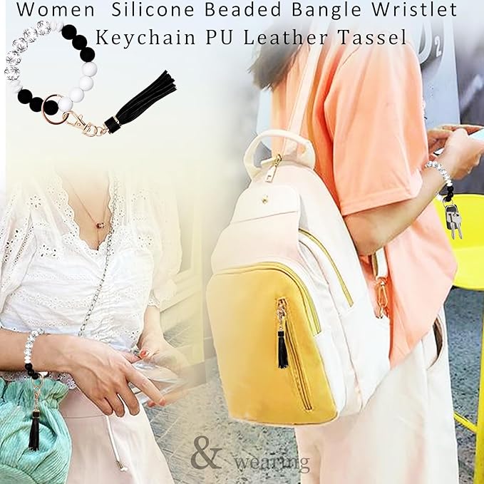 BIHRTC Key Ring Bracelet Car Keychain Holder Wristlet Silicone Women Beaded Bangle Chains