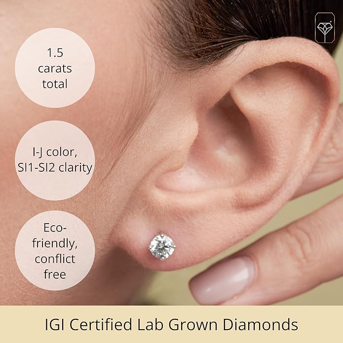 1/4-2 Carat IGI Certified Lab Grown Diamond Stud Earrings | Solitaire Real Diamonds Earring for Women in I-J Color & SI1-SI2 Clarity | 14K Gold Diamond Studs with Secure Backs by MAX + STONE