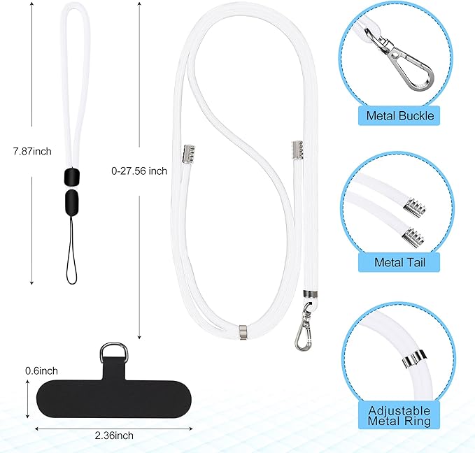 takyu Phone Lanyard, 2 Pack Adjustable CellPhone Lanyard Crossbody Neck Strap and 2 Pack Phone Wrist Strap with Tether Tabs for iPhone Android Smartphones White Black