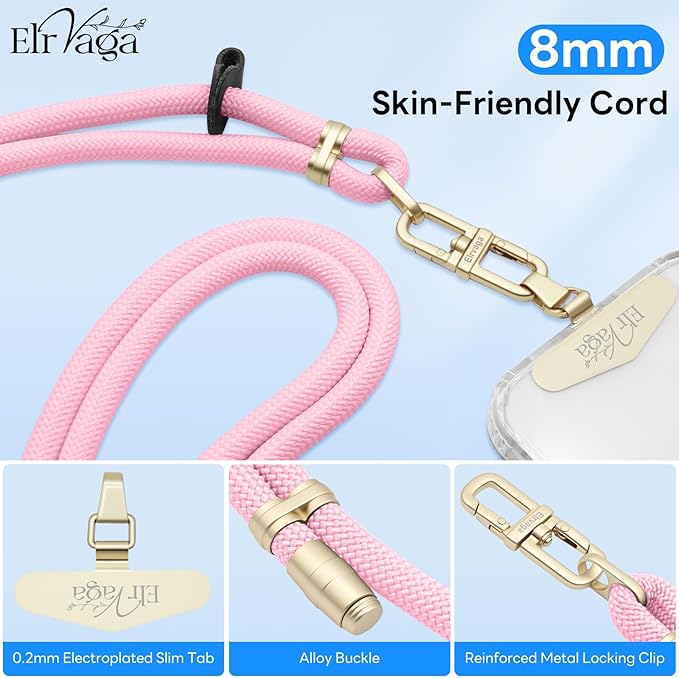Adjustable Anti-Theft Phone Lanyard Neck & Crossbody Strap with 0.2mm Metal Tab & Comfort-Fit 8mm Rope (Light Pink)