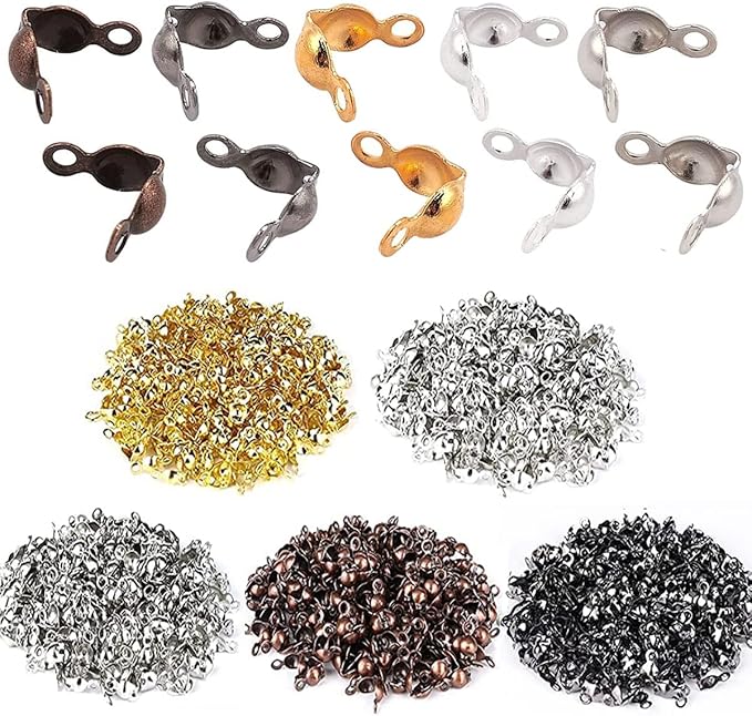 500 Pieces 5 Colors Calotte Ends Knot Covers for DIY Bracelet Jewelry Making, Clamshell Metal Plated Open Bead Tips Endcaps(Gold,Silver,Gun Black,red Copper,Platinum,100 Pieces Each Color)
