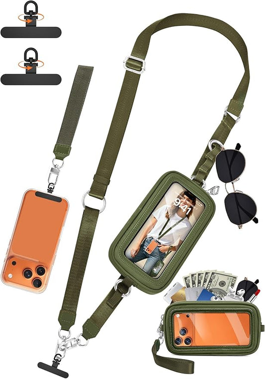 takyu Clip and Go Strap for Phone with Wallet Crossbody, 4-in-1 Hands-Free Phone Lanyard with Detachable Wallet Wrist Strap, Convertible Crossbody Bags with ID Window for Women Travel, Forest Green