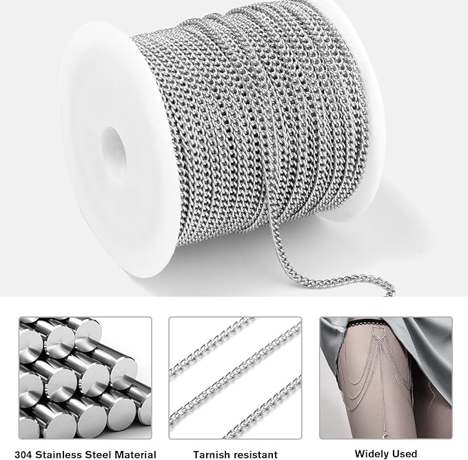 66 Feet Stainless Steel Curb Chains Roll, 1.5 mm 304 Stainless Steel Flat Twisted Links Chains Bulk Spool for Jewelry Making DIY Craft