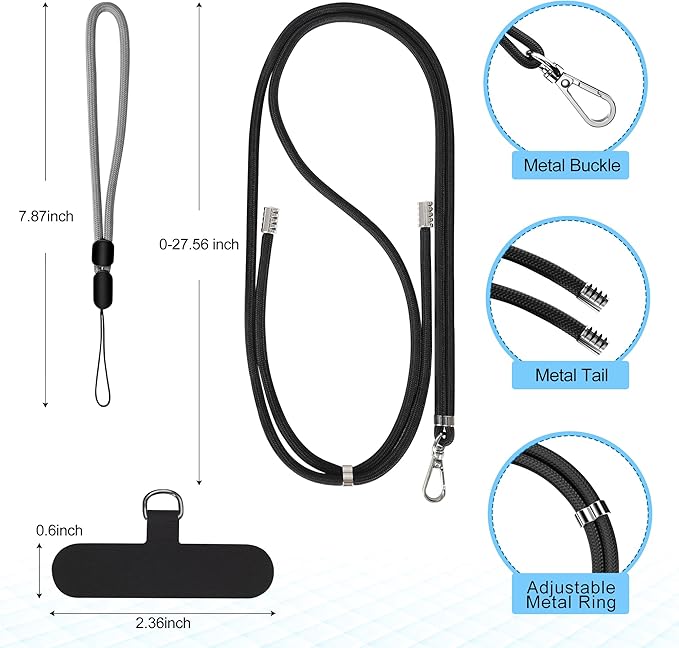 takyu Cell Phone Lanyard, Crossbody Phone Lanyard Adjustable Neck Strap and 2 Pack Phone Wrist Strap with Phone Tether Patches for Most Smartphones-2Black+Grey