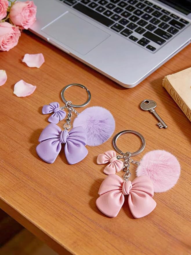 2 Pcs Cute Plush Keychain Artificial Fur Ball Keychains Fluffy Pendant Car Bag Charm, Pink Bow Pom Pom Keychain Soft Lovely Backpack Keyring for Women's Keyrings & Keychains