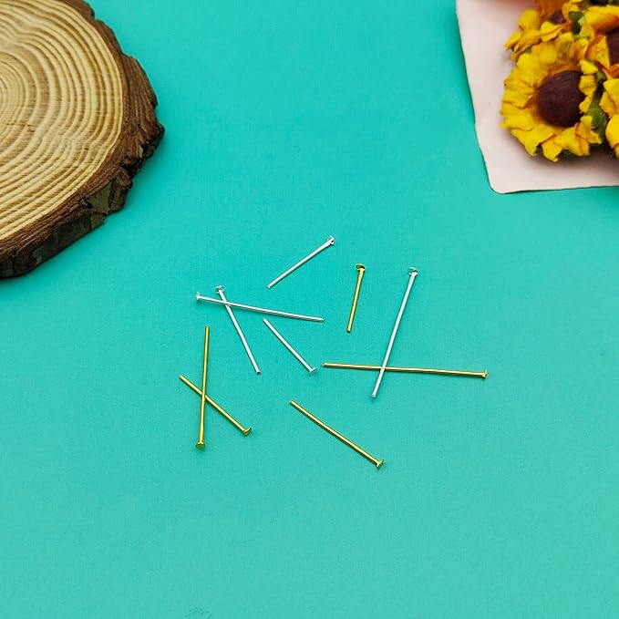 1000pcs Assorted Head Pins Set for Jewelry Making,Flat Head Pins Beading Pins Jewelry Head Pins Kit Head Pins Eye Pins Supplies for Earrings Beading DIY Crafts,18/20/24/30/35mm(Silver,Gold)