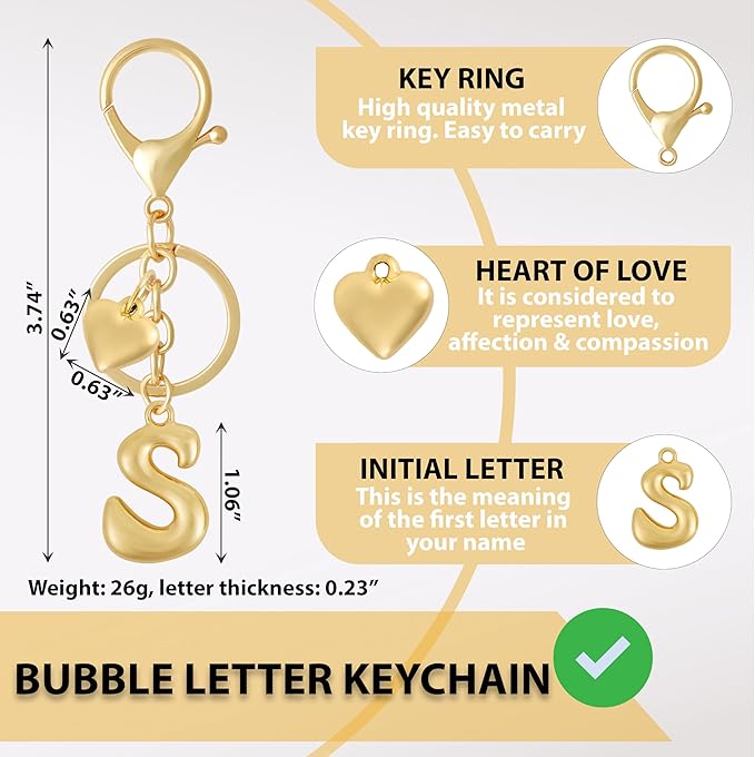 Heart Bubble Letter Keychain for Women, Girls - Cute Keychain with Initial - Alphabet Keychain for Bag Charm, Handbag