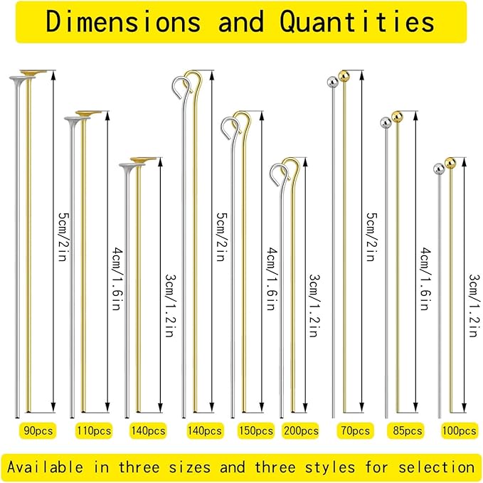 SONGIN 1085pcs Eye Pins and Flat Head Pins for Jewelry Making, Metal Eyepins, Headpins & Ball Head Pins for DIY Earrings, Necklaces, Bracelets, Pendants Jewelry Supplies, Gold & Silver