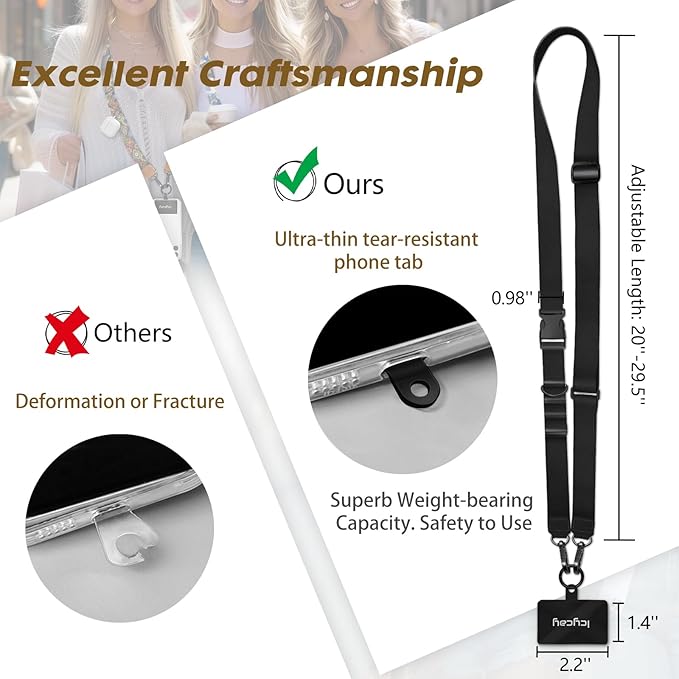Phone Lanyard Crossbody, Black Cell Phone Lanyard for Around The Neck Adjustable Phone Strap, Anti Theft Long Lanyard for iPhone Case ID Holder Keys Phone Accessories Travel Essential for Women