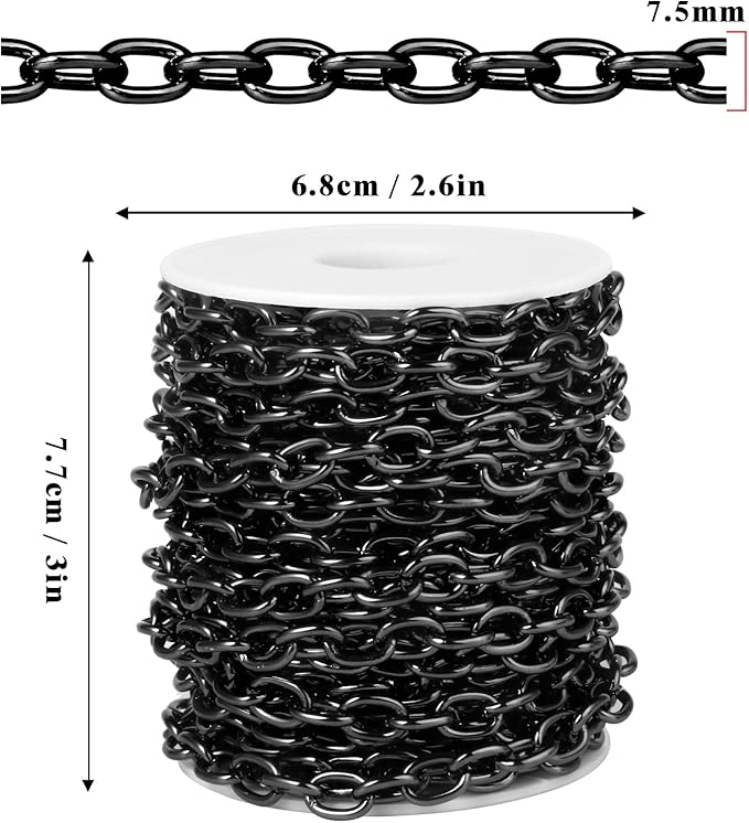 33 Feet Black Rolo Cable Chains Roll, 7.5 MM Black Plated Aluminium Oval Cable O Links Chain Bulk Spool for Jewelry Making DIY Craft