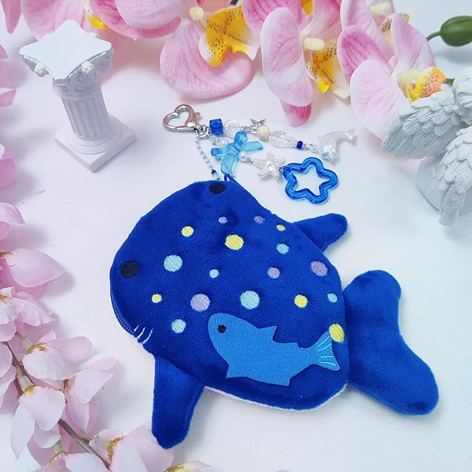 Adorable Whale Shark Coin Purse Keychain,Soft Plush Zipper Coin Purse,Handmade Purse Bag Charm Gift for Girls Women (Dark Blue)