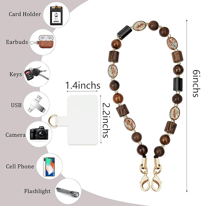 Marble Beaded Phone Wrist Strap,Detachable Phone Bracelet Strap with Tether Tab,Hands-Free Wristlet Strap (Brown)