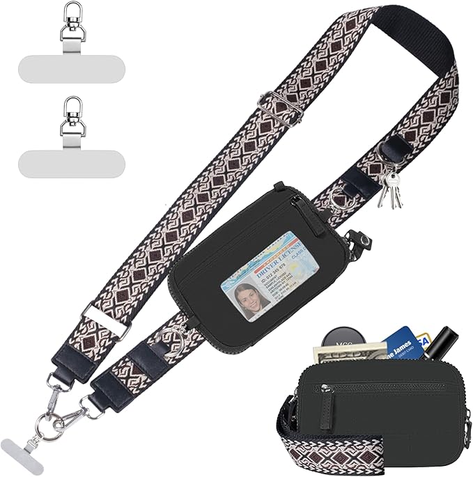 Clip and Go Strap for Phone with Wallet Crossbody Phone Lanyard with Anti-Theft Zipper Pouch Detachable Quilted Wrist Wallet with RFID and ID Window for Daily Travel.