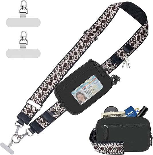 Clip and Go Strap for Phone with Wallet Crossbody Phone Lanyard with Anti-Theft Zipper Pouch Detachable Quilted Wrist Wallet with RFID and ID Window for Daily Travel.