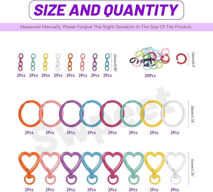 Swpeet Key Ring Carabiner 68Pcs 8Colors Heart-Shaped Swivel Lobster Claw Clasps with Key Rings, Open Jump Rings and Key Chains Assortment Kit, Metal Swivel Spring Clasps for DIY Craft Making