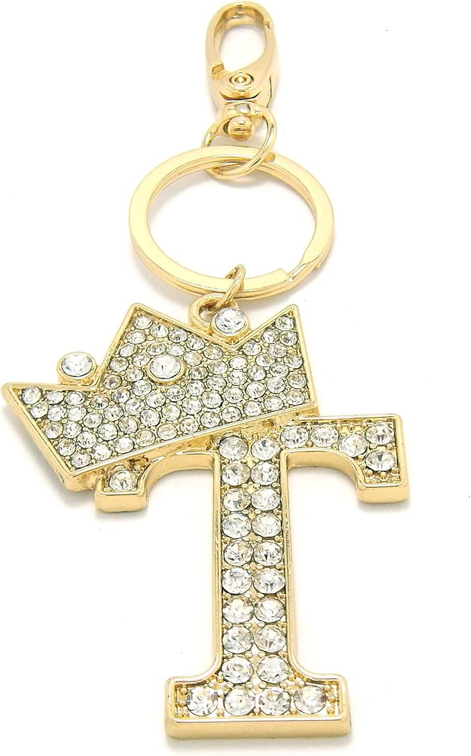 CBC Crown Crystal Rhinestone Letter Initial Keychain, Gold Metal, Bag Charm with Key Ring Approx. 2.17" x 2.56"