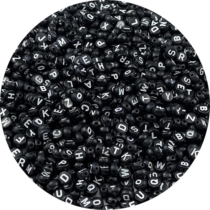 1000pcs Round Letter Beads 4x7mm Acrylic Alphabet Beads Spacer Beads for Jewelry Making Bracelets Necklace Earring Key Chains DIY Craft(L-White Letter Black Bead)