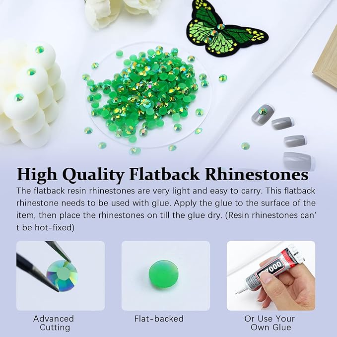 3000PCS Resin Flatback Rhinestone, 2mm 3mm 4mm 5mm 6mm Green AB Flatback Jelly Resin Rhinestones for Tumblers, Mugs, Bottles, Craft Decoration, Loose Bling Glitter Gem Stone