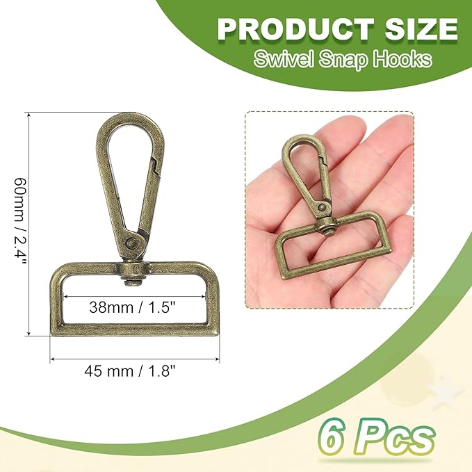 Swivel Snap Hooks, Metal D Ring Keychain Lanyard Clip Hook Lobster Clasp Claw Push Gate Clip - Fitting for(Purse Making - Sewing - DIY Crafts) 6 Pcs & 1.5" & Bronze