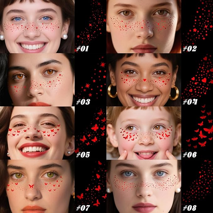 HOSAILY 10 Styles Red Glitter Freckles Face Tattoo, Waterproof Sparkle Cute Star Butterfly Face&Body Glitter Speckles Patches for Women, Metallic Temporary Tattoo Accessories Makeup for Rave