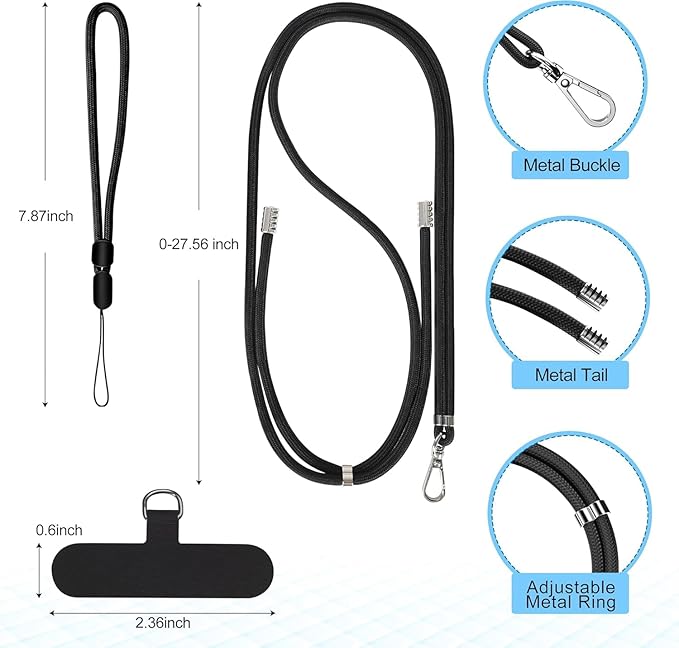 takyu Cell Phone Lanyard, Crossbody Phone Lanyard 1 Pack Adjustable Neck Strap and 1 Pcs Phone Wrist Strap with 2x Phone Tether Patches for Most Smartphones-Black
