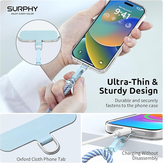 SURPHY Phone Lanyard, Adjustable Phone Strap Crossbody with 2 Pack Phone Tether Tab, Premium Metal Buckles and Two-Color Braided Cell Phone Lanyard Crossbody for Women and Men, Deep & Light Blue