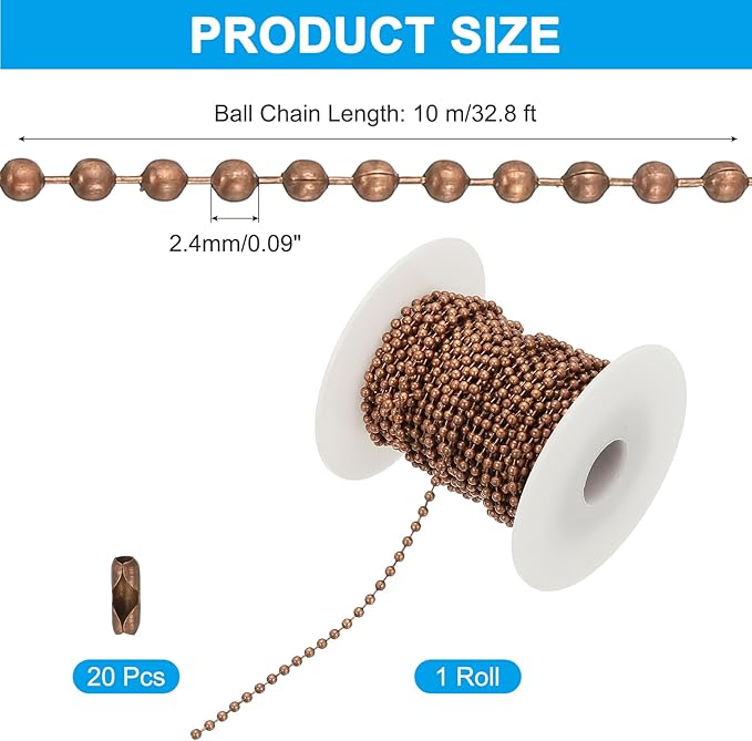 PATIKIL 10m/32.8ft Beaded Ball Chain, 2.4mm Stainless Steel Pull Chain Extension with 20 Pcs Connectors for Tag Chain, Keychain Rings, DIY Crafts, Copper