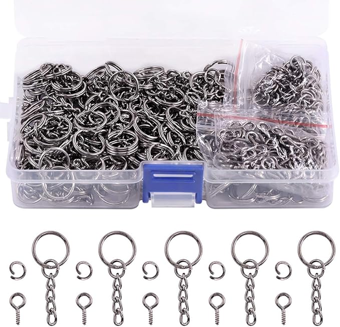 Swpeet 450Pcs 3/5" 15mm Gun-Black Key Chain Rings Kit, Including 150Pcs Keychain Rings with Chain and 150Pcs Jump Ring with 150Pcs Screw Eye Pins Bulk for Jewelry Findings Making (15mm, Gun-Black)