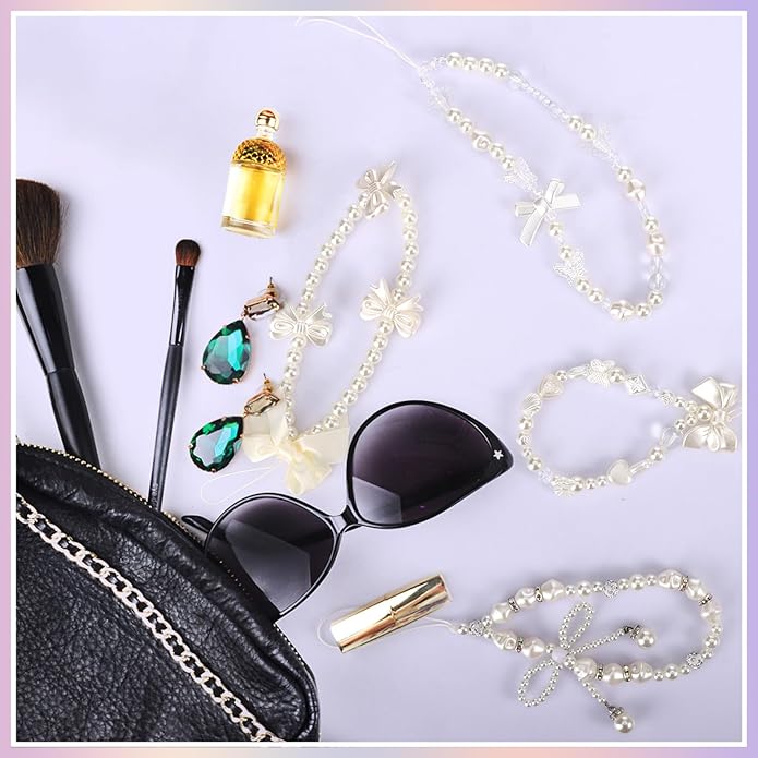 Draupnir 4pcs Phone Charms Strap, Butterfly Bow Camera Strap Wrist Beaded Phone Bracelet Wrist Straps, Pearl Bracelet Lanyard Keychain Charm for Women