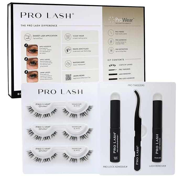 Pro Lash ProWear Starter Lash Clusters Kit - Easiest to Apply Lashes - 10-Day Cluster Eyelash Extensions - 3 Sets of False Eyelashes Plus Adhesive, Remover, Tweezers - Volume Luxe XL No. 12 - Black