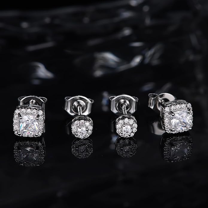Hayoso 18K Gold Plated Halo Stud Earrings 925 Sterling Silver Cubic Zirconia Stud Earrings Round Square Diamonique Stud Earrings Set for Women Men