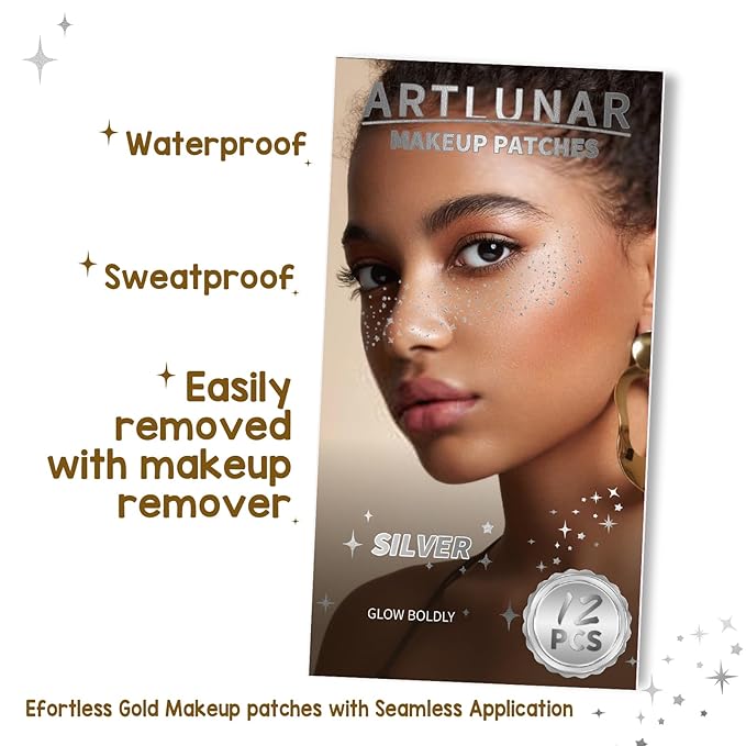 Artlunar 12Pcs Valentine's Mardi Gras Silver Sparkle Makeup Patches - Body Glitter Stickers for Face and Body, Perfect for Festivals Parties (Silver), Gifts for Women and Girls.