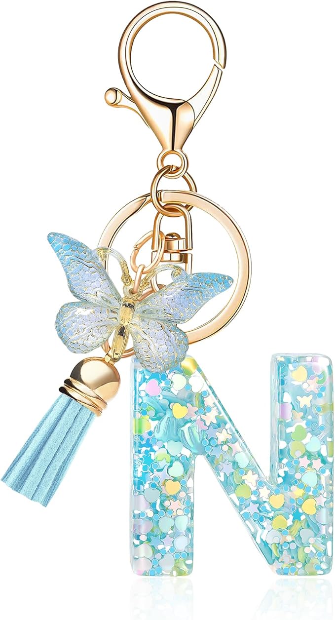 Fashion Alphabet Initial Letter Keychain Tassel Butterfly Pendant Key Ring for Purse Handbags Women Girl