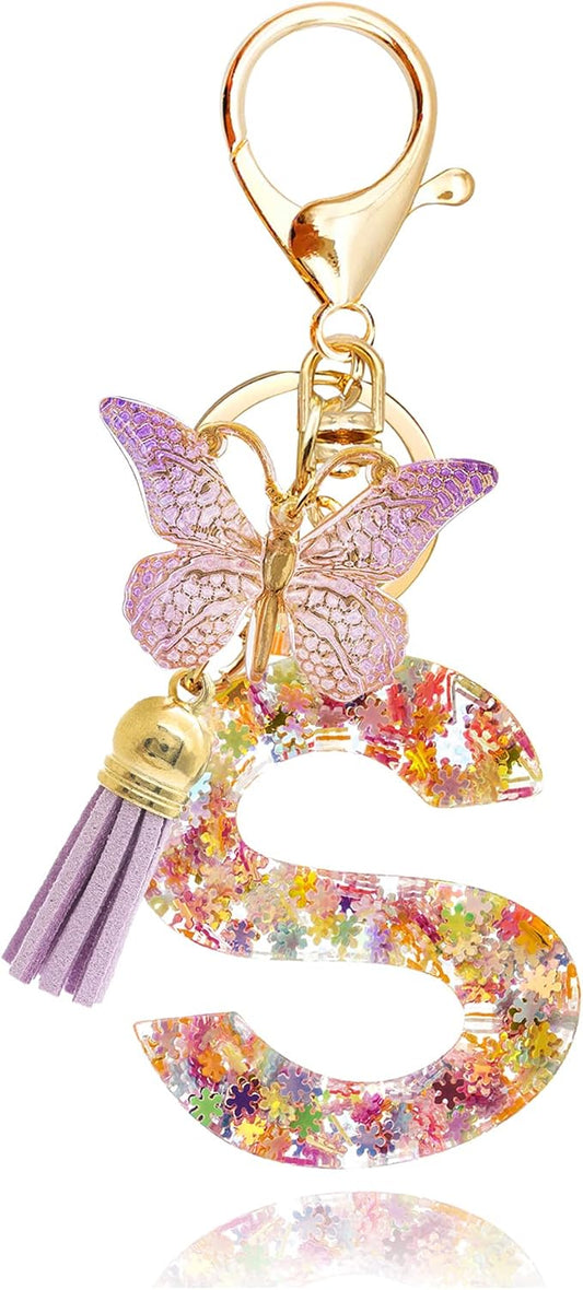 Fashion Alphabet Initial Letter Keychain Tassel Butterfly Pendant Key Ring for Purse Handbags Women Girl