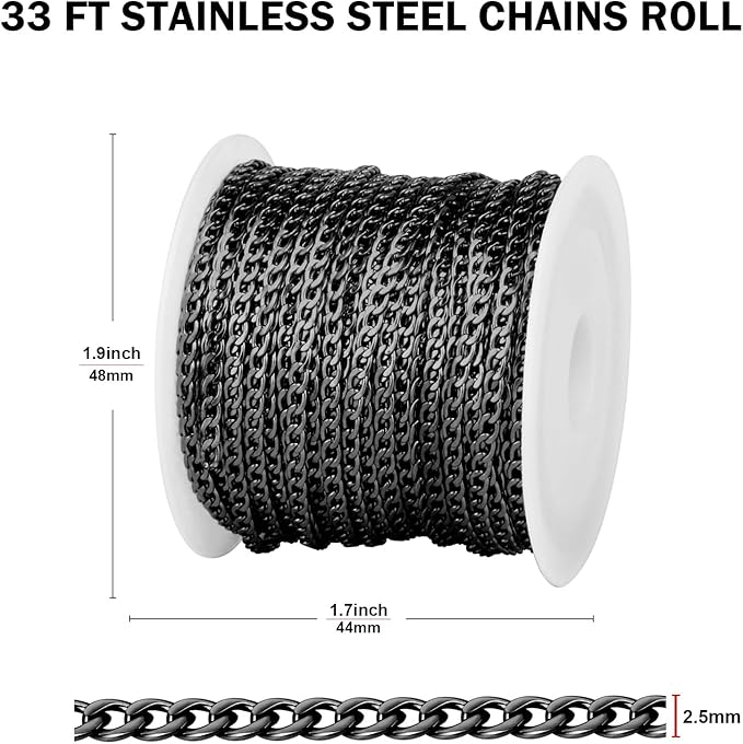 [33FT] Gunmetal Stainless Steel Curb Chains for Jewelry Making, 2.5mm Wide 304 Stainless Steel Cuban Link Chain Roll Bulk for DIY Jewelry Making Craft