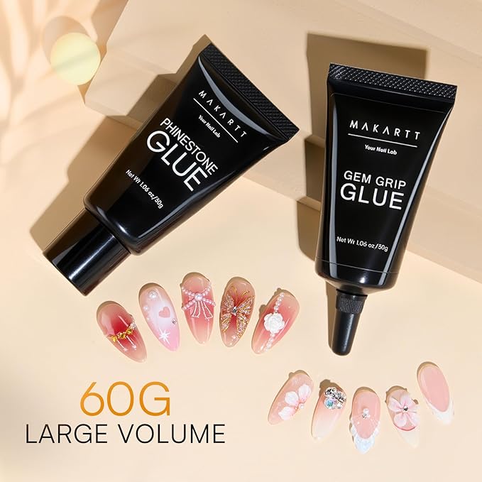 Makartt Nail Rhinestone Glue Gel Set: 60g 3D Super Strong No Wipe Nail Glue for Charms Gems Crystals Beads Decorations Gem Grip Glue DIY Beginners & Salon UV Lamp Needed (2PCS Low & Medium Viscosity)