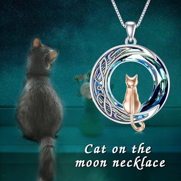 TOUPOP Cat Gifts for Cat Lovers One Two Three Four Cats Necklace Sterling Silver Cats on the Moon Pendant Necklace with Blue Circle Crystal Birthday Christmas Celtic Jewelry Gifts for Women