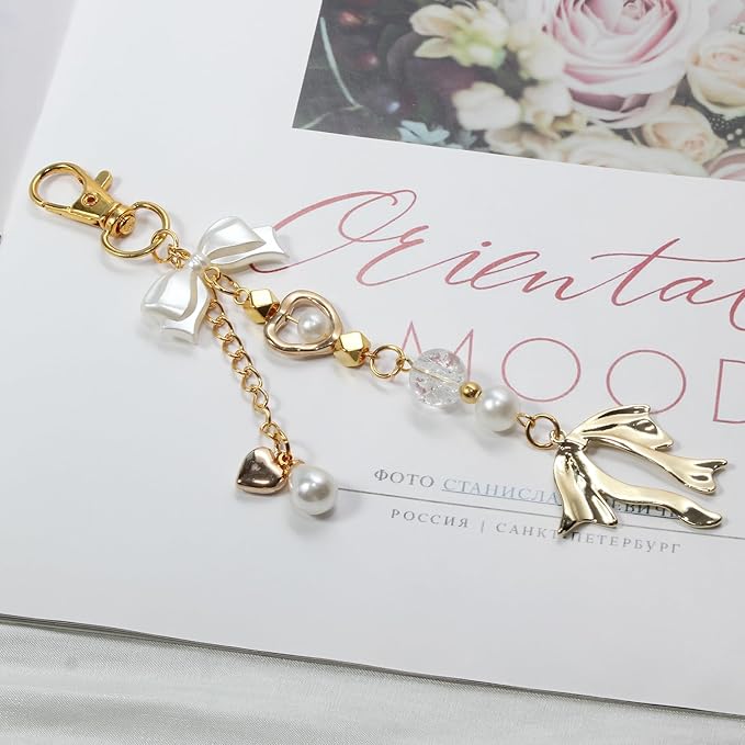 Pearl Beaded Keychain Charms, Cute Purse Charms for Handbags, Gold Starfish Keyring for Women, Heart Star Moon Shell