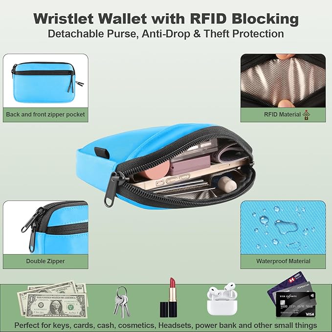 Clip and Go Strap for Phone with Wallet Crossbody, Adjustable Phone Lanyard with Detachable RFID Wristlet Wallet & Ultra-Thin 360° Rotatable Metal Tabs for All Smartphones (Blue)