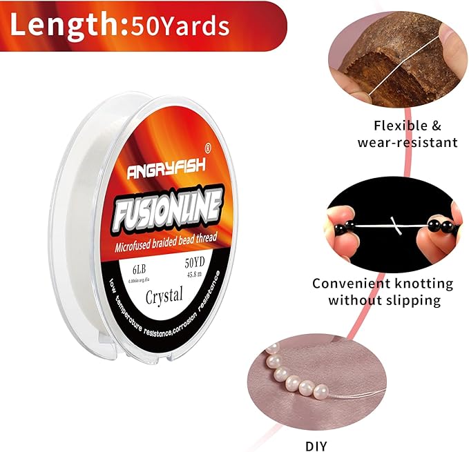 ANGRYFISH Fusionline Micro-Fused Braided Thread,Unbelievably High Tensile Strength,Not Stretch,Super Strong Stringing Material for Bracelet (Crystal, 6lb,0.006in-50yd)