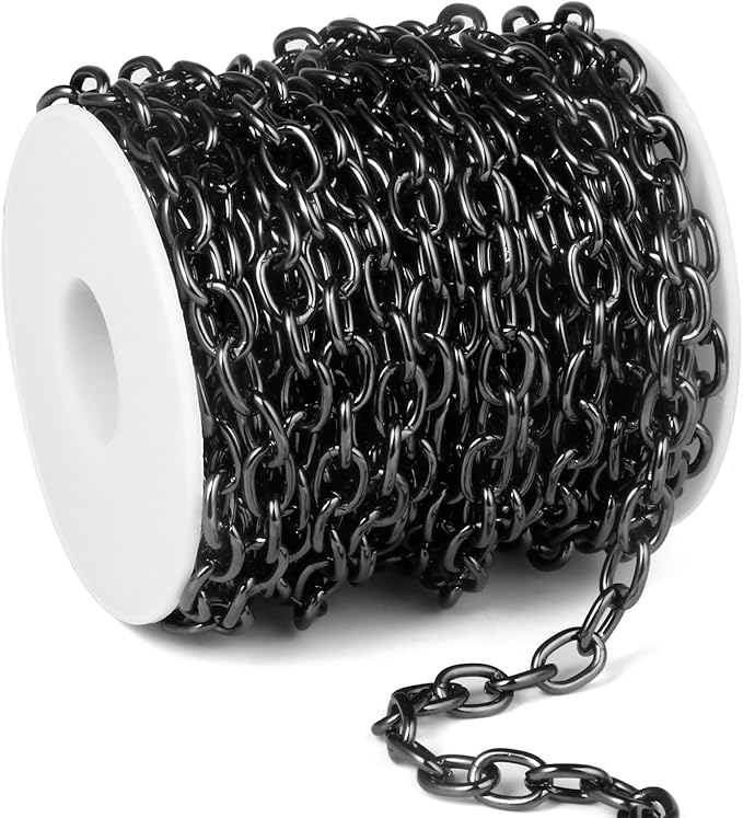 33 Feet Black Rolo Cable Chains Roll, 7.5 MM Black Plated Aluminium Oval Cable O Links Chain Bulk Spool for Jewelry Making DIY Craft