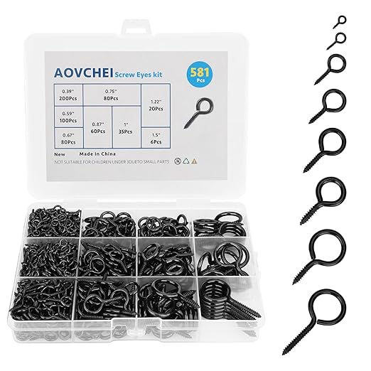 Aovchei Eye Screws Set, 581Pcs 0.39" 0.59" 0.67" 0.75" 0.87" 1" 1.22" 1.5" Metal Eye Hooks, Self Tapping Screw Bolts, Indoor & Outdoor for Hanging Artwork, Black