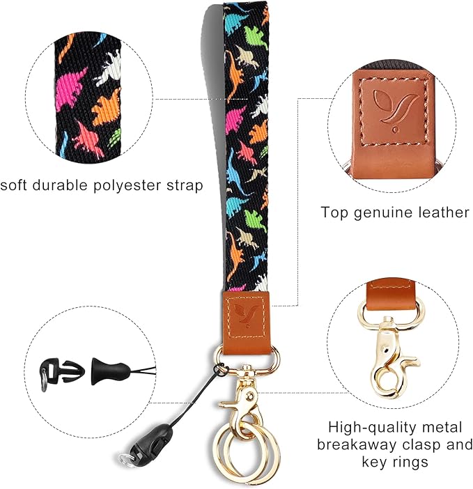 Yiflin Cute Wrist Lanyard for Keys, Keychain, Wallet, Id Holder, Cell Phone, Wristlet Lanyard Key Chain Holder（Colored Dinosaur S）