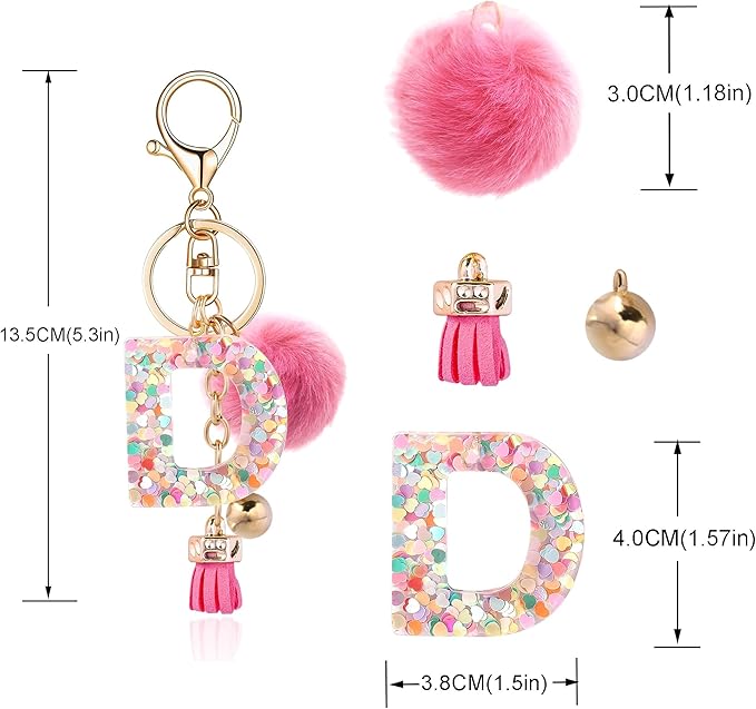 Resin Alphabet Initial Letter Keychain Keyring for Women Purse Handbags With Fur Ball Pom