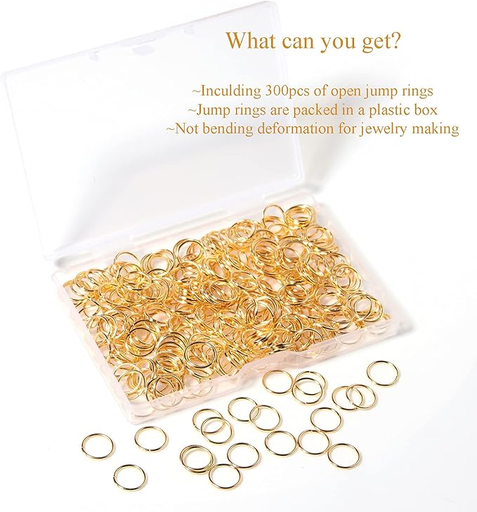 300 Pcs 10mm Open Jump Rings Gold Plated Jump Rings for Jewelry Making Single Ring Bulk for DIY Craft Earring Necklace Bracelet Pendant Choker Jewelry Making Findings and Key Ring Chain (Gold, 10mm)