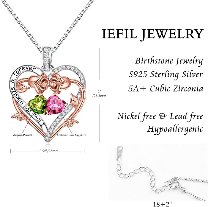 Iefil Valentines Gifts for Her Wife Women - Rose Heart Double Birthstone Necklace Gift for Wife Girlfriend Her Women, Birthstone Jewelry Gemstone Birthday Gifts for Mom Grandma Her