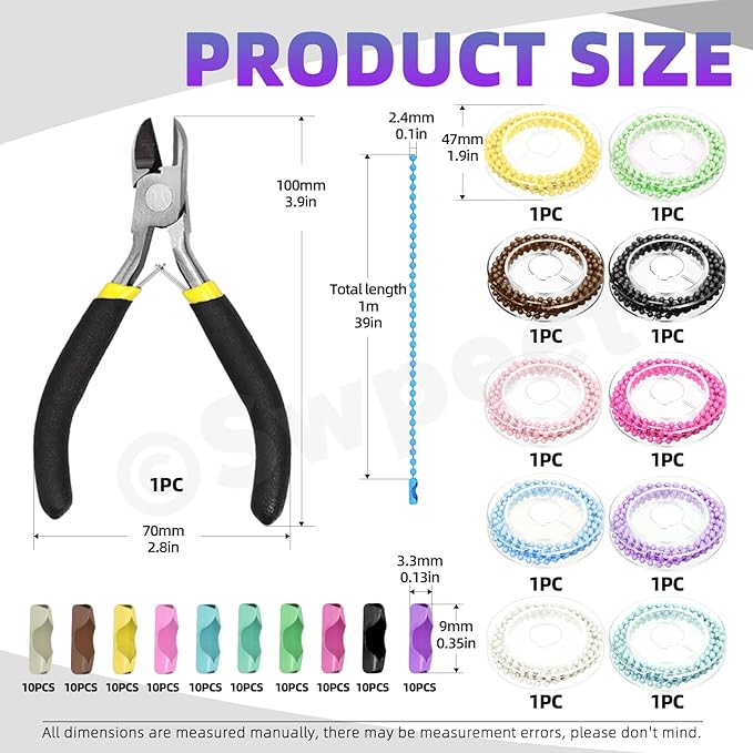 Swpeet 10 Colors 1m/3.28ft × 2.4mm Plated Ball Beaded Chains with 1Pc Pliers and 100 Pcs Connectors Kit, Bead Link Dog Tag Chain Roll, Necklace Chains, Pull Chain Roll Spool Ball for Keychain Tags