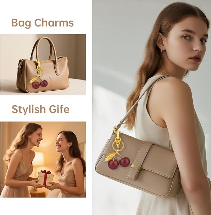 cherry bag charm, cute keychain cherry purse charms for handbags, bag accessories, gifts for women.