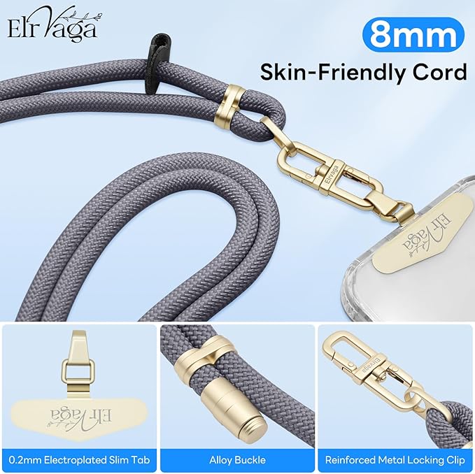 Adjustable Anti-Theft Phone Lanyard Neck & Crossbody Strap with 0.2mm Metal Tab & Comfort-Fit 8mm Rope (Light Gray)